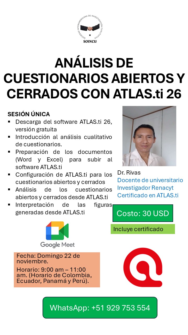 Flyer del taller Análisis de cuestionarios abiertos y cerrados con ATLAS.ti 26: sesión única el domingo 22 de noviembre, de 9:00 a 11:00 a. m. (hora de Colombia, Ecuador, Panamá y Perú), vía Google Meet, con el Dr. Rivas. Costo: 30 USD, incluye certificado. WhatsApp: +51 929 753 554.